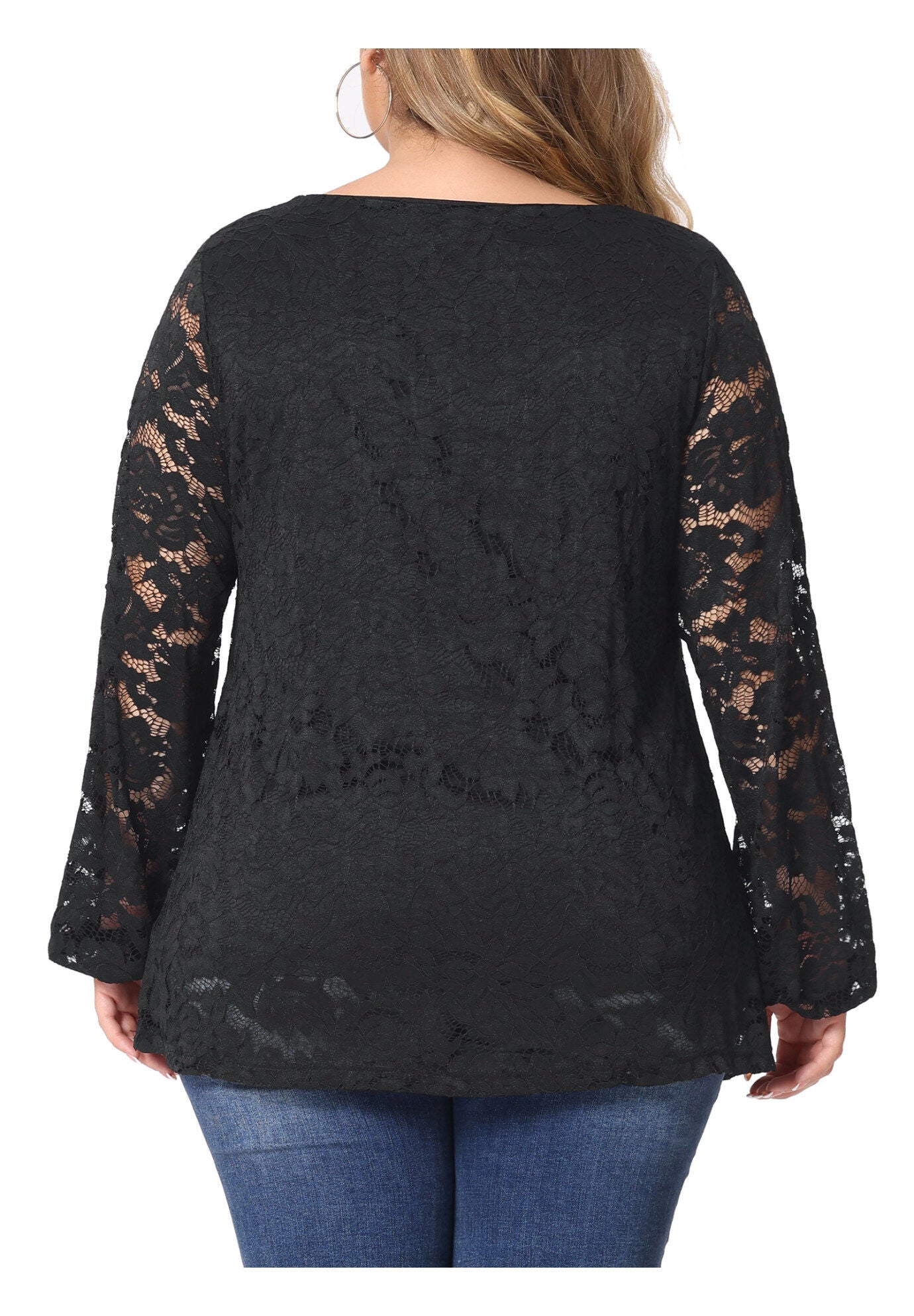 LACE BLOUSE CROSS V NECK SHEER DOUBLE LAYER LONG SLEEVE TOP, Black / Black, alternate image number 3