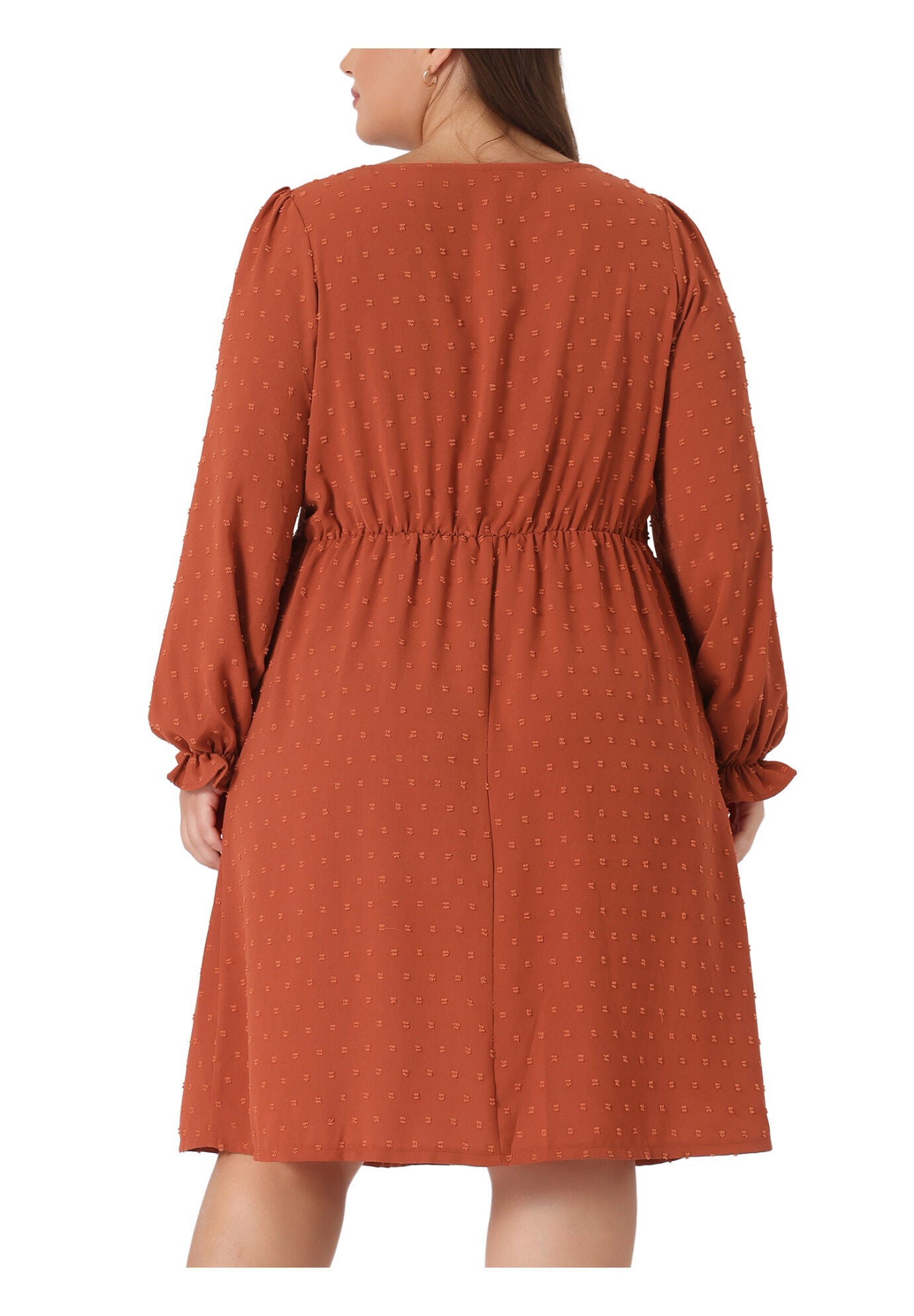 Swiss Dots Long Sleeve Sweetheart Neck Ruffle Tiered Midi Dress, Caramel / Brown, alternate image number 3