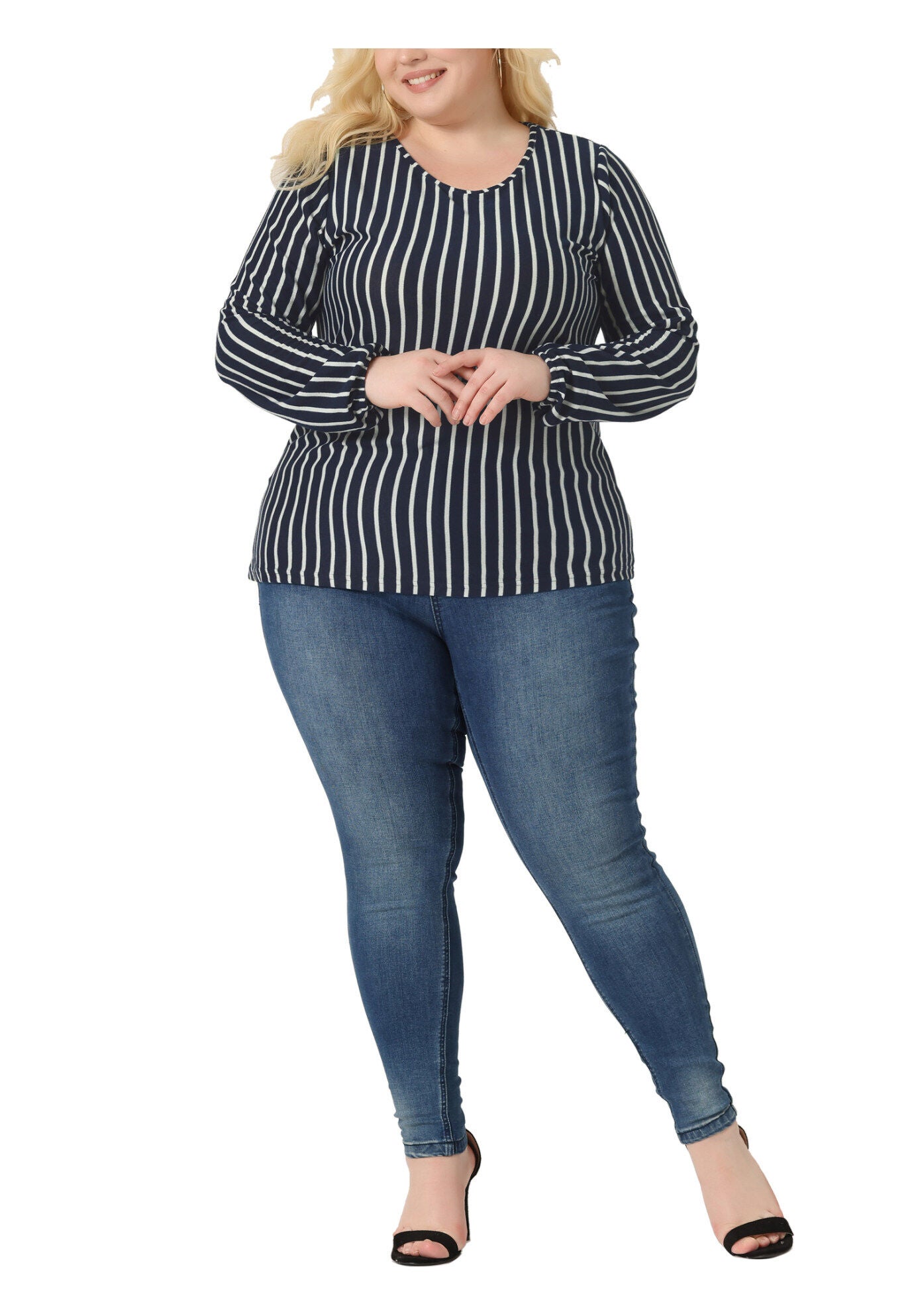 Boho Color Block Elastic Cuff Long Sleeve Striped Top, Navy Blue / Navy, hi-res image number 0