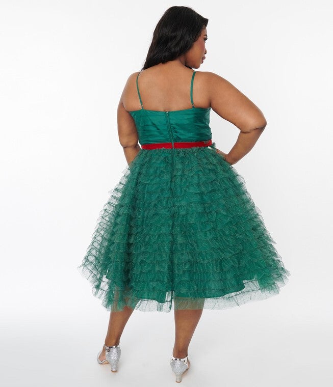 Unique Vintage Emerald Green & Red Ribbon Tulle Cupcake Swing Dress, Green Red Ribbons / Hunter Green, alternate image number 2
