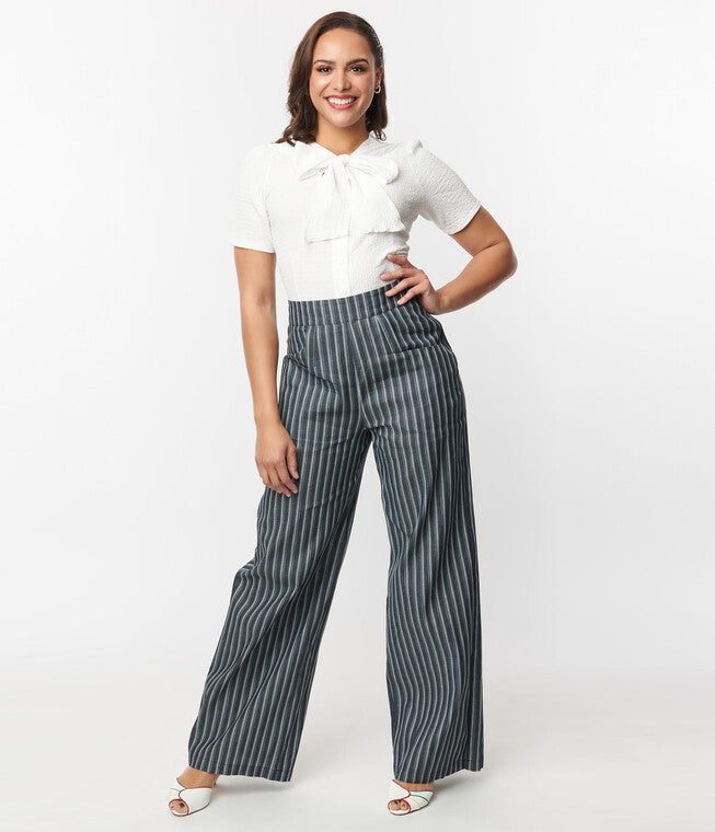 Unique Vintage Denim & White Stripe High Waist Sailor Ginger Pants, , alternate image number null