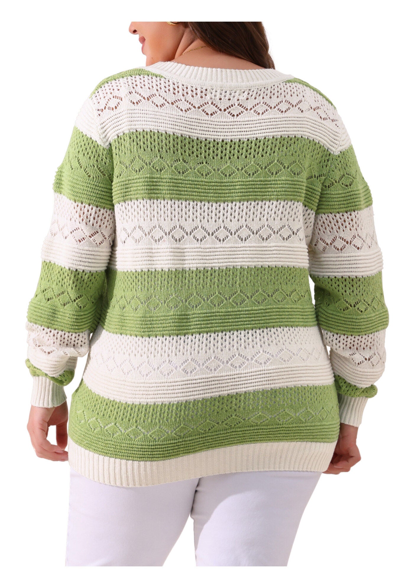 Crewneck Lightweight Hollow Knit Pullover Top, Green White / Light Green, alternate image number 3