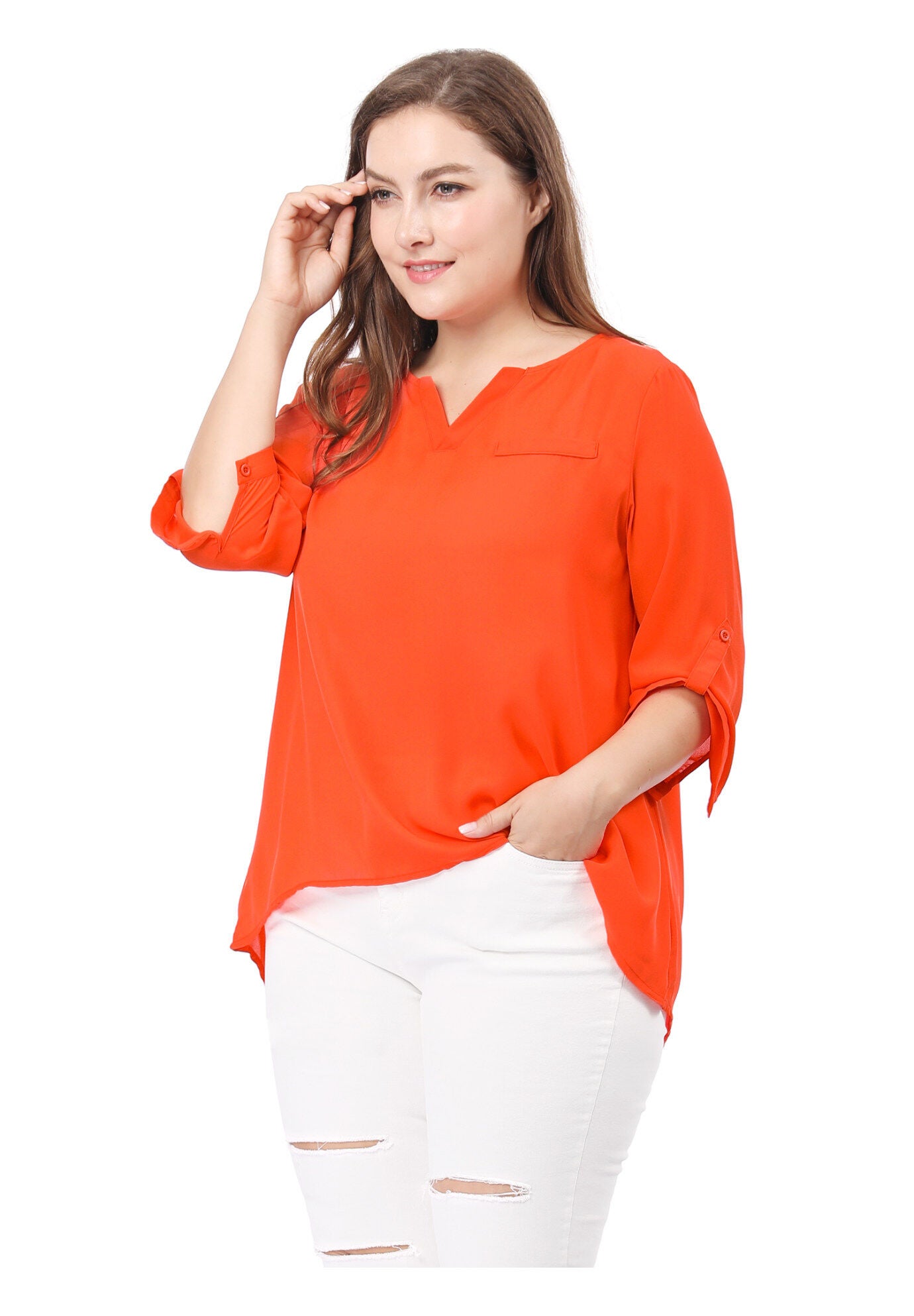 3/4 Sleeve Sheer Flowy Summer Split V Neck Blouse, Orange / Orange, alternate image number 2