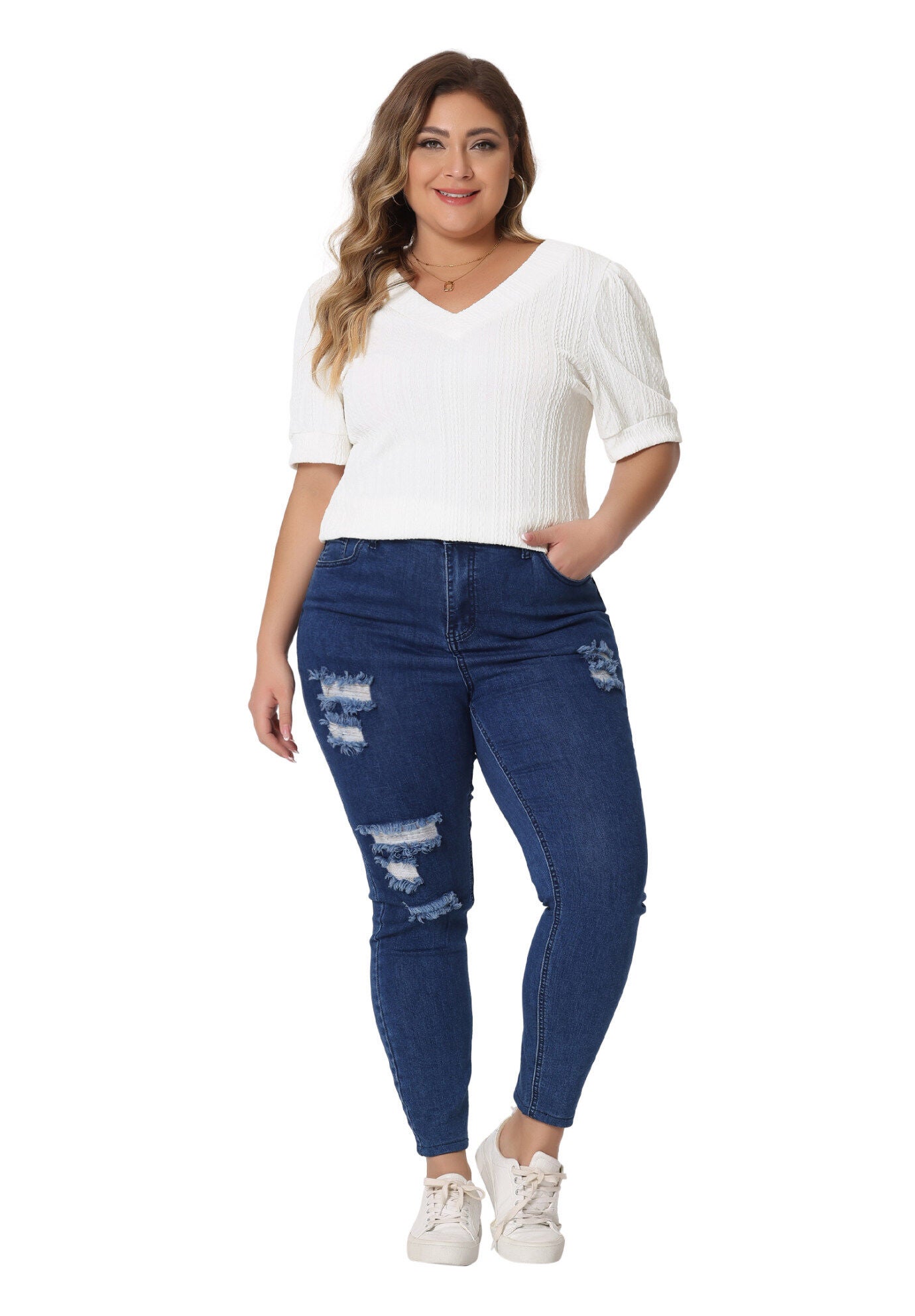 DEEP V NECK SHORT SLEEVE T-SHIRT CASUAL TOP, White / White, hi-res image number 0