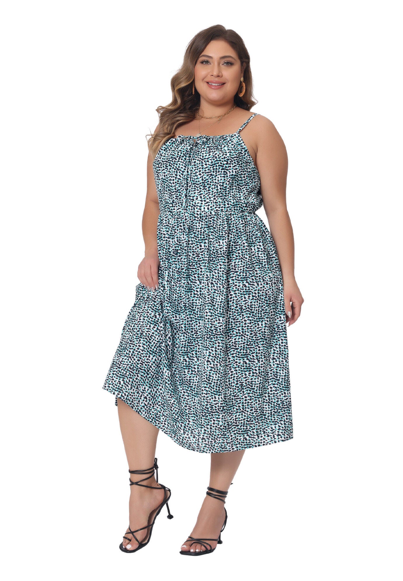 Tie Front Adjustable Spaghetti Strap Cami Midi Floral Dress, Green / Teal, hi-res image number 0