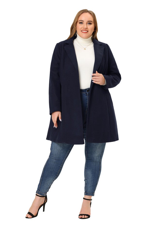 Notched Lapel Tie Waist Peacoat Long Trench Jackets, Navy Blue / Navy, hi-res image number 0