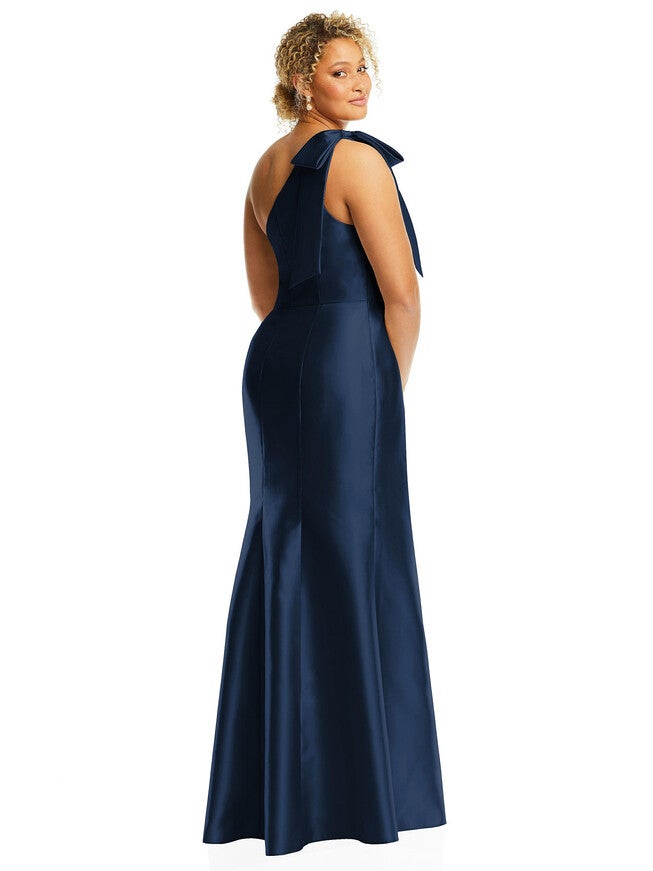 Bow One-Shoulder Satin Trumpet Gown, Midnight Navy / Navy, alternate image number 2