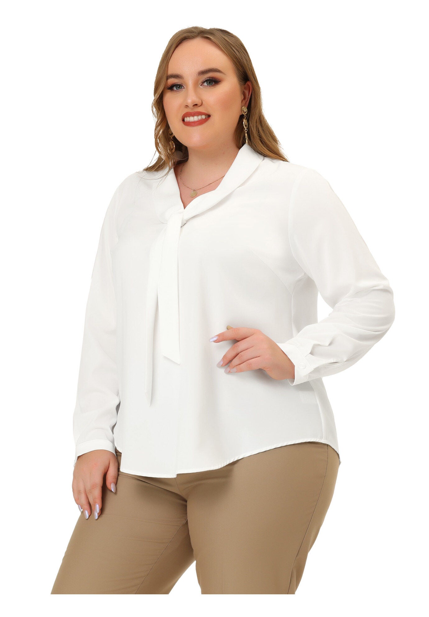 Long Sleeve Tie V Neck Chiffon Blouse, White / White, hi-res image number 0