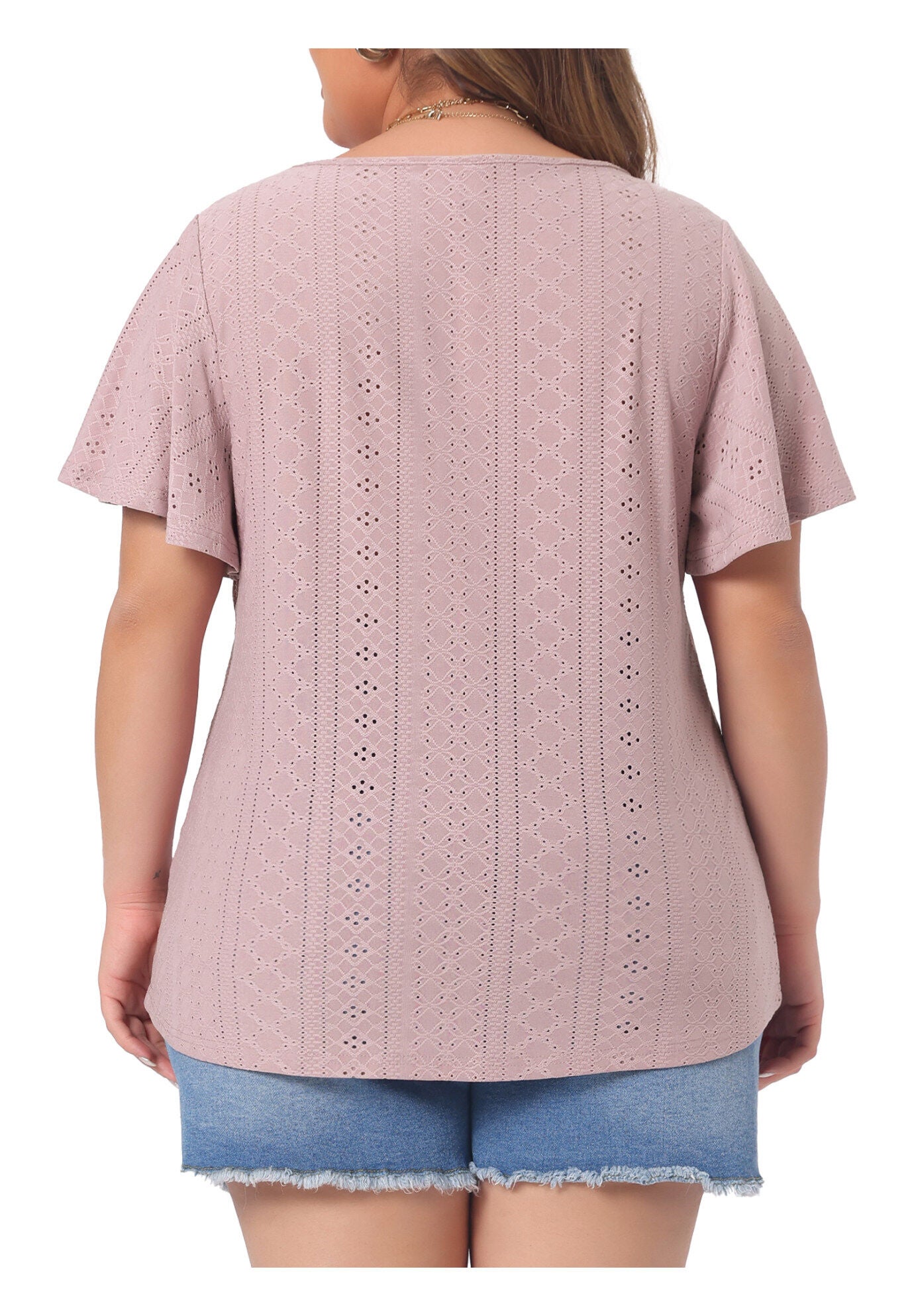 V NECK LOOSE FIT RUFFLE SLEEVE SUMMER HOLLOW TOP, Pink / Pink, alternate image number 2