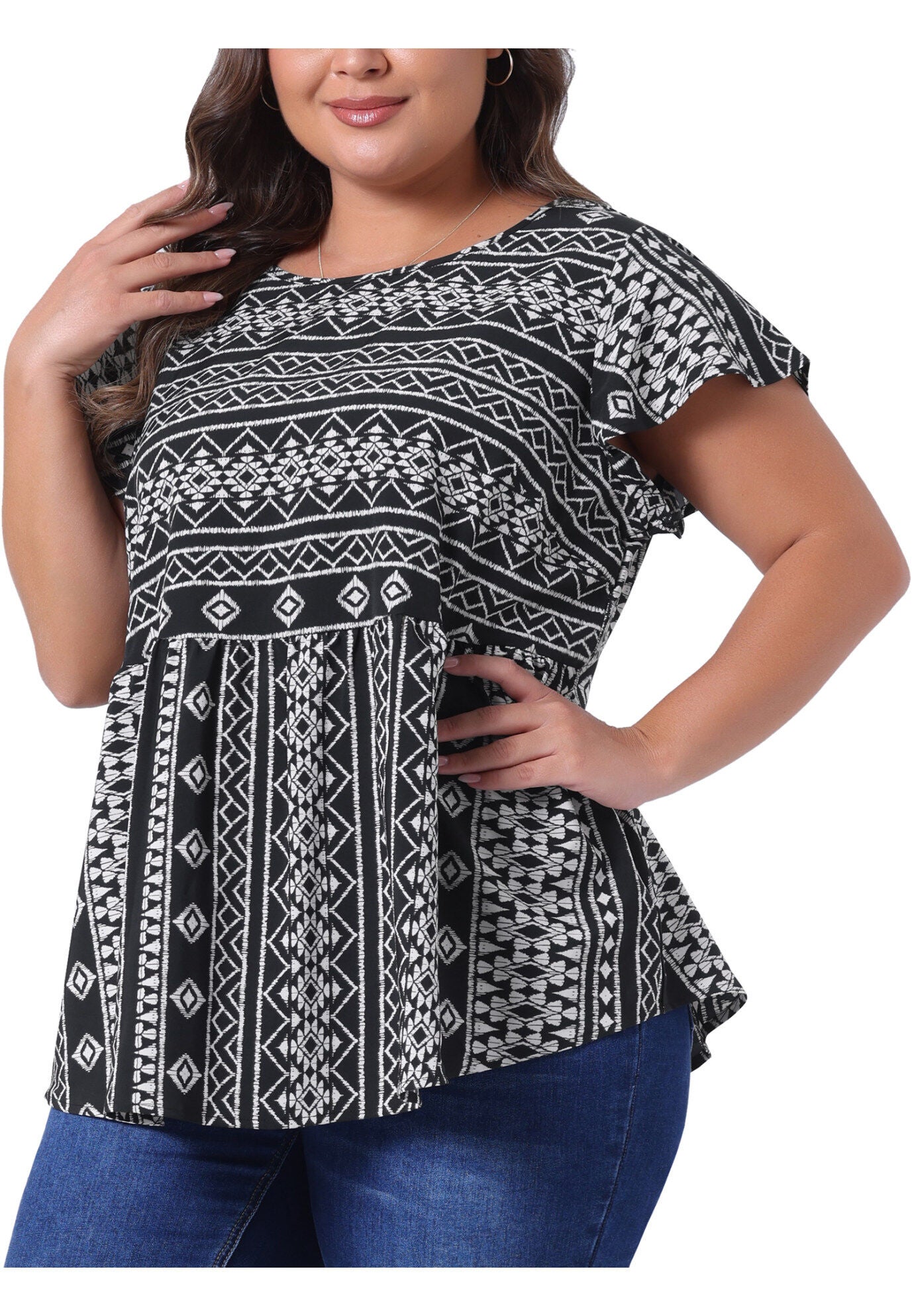 Boho Floral Printed Round Neck Ruffle Sleeve Blouse, Black / Black, alternate image number 2