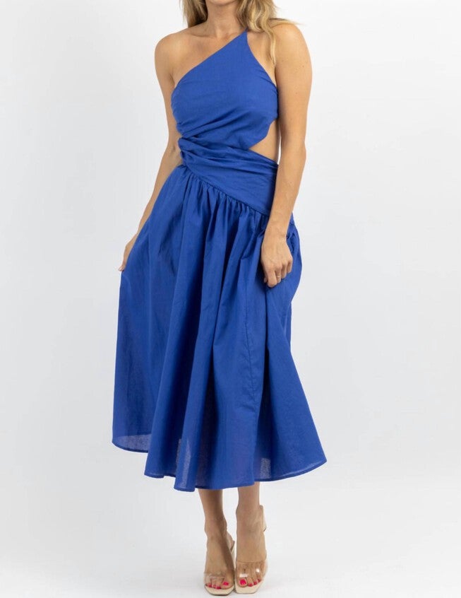 ASYMMETRIC RUCHE MIDI DRESS IN DEEP WATERS, Deep Waters / Light Blue, alternate image number null