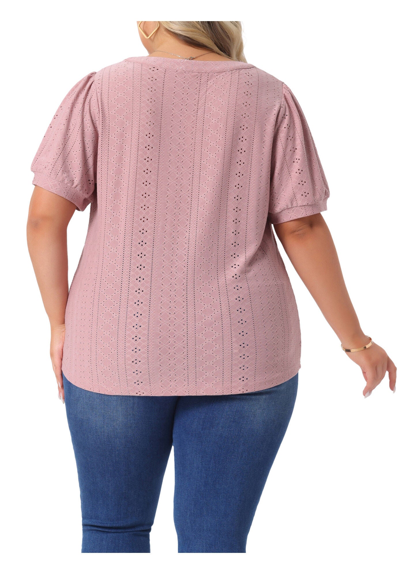 Hollow Casual V Neck Short Sleeve Summer Blouse, Pink / Pink, alternate image number 3