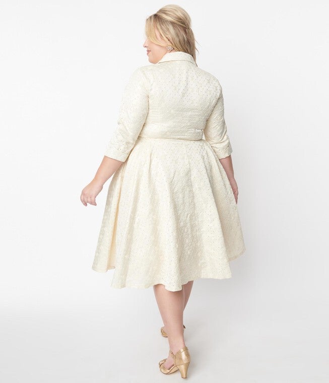 Unique Vintage Plus Size Ivory & Gold Brocade Swing Dress, Ivory Gold / Ivory, alternate image number 2