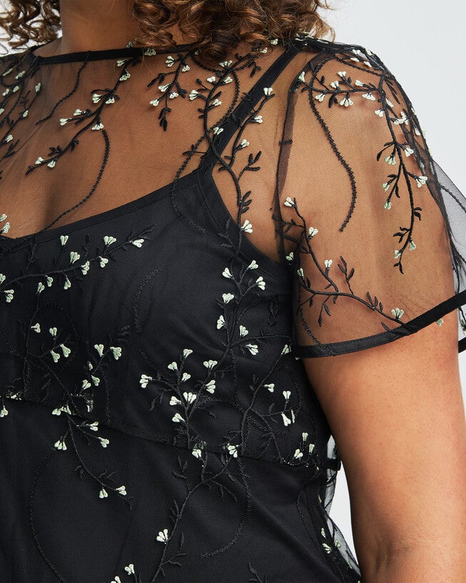 Black Mesh Embroidered Mini Dress | Dia & Co Black Mesh Embroidered Mini Dress | Dia & Co