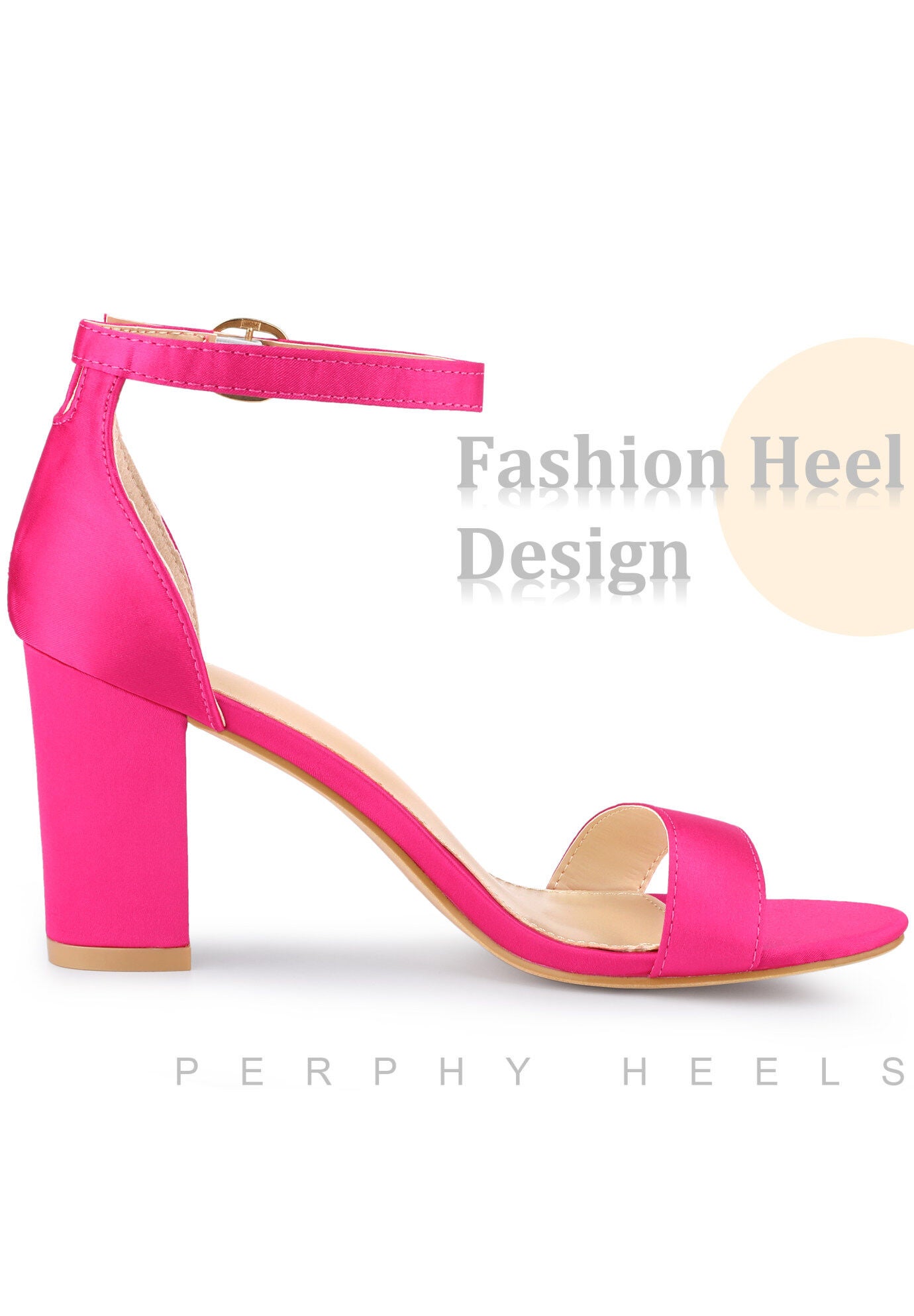 Open Toe High Heel Ankle Strap Satin Block Heels Sandals, Fuchsia / Deep Fuchsia, alternate image number 3