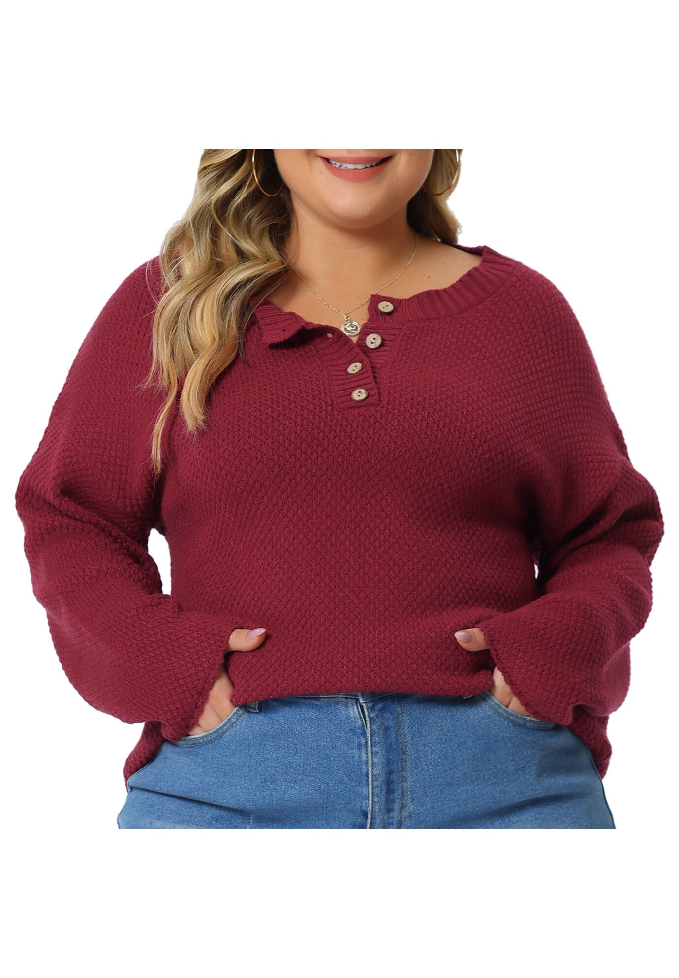 Round Neck Long Sleeve Button Knit Pullover Sweater Top, Wine / Burgundy, alternate image number 2