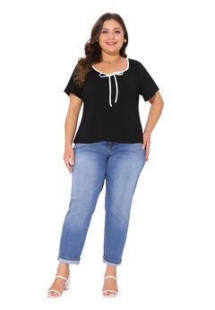 Sweetheart Neck Contrast Trim Tie Knot Short Sleeve T-Shirt