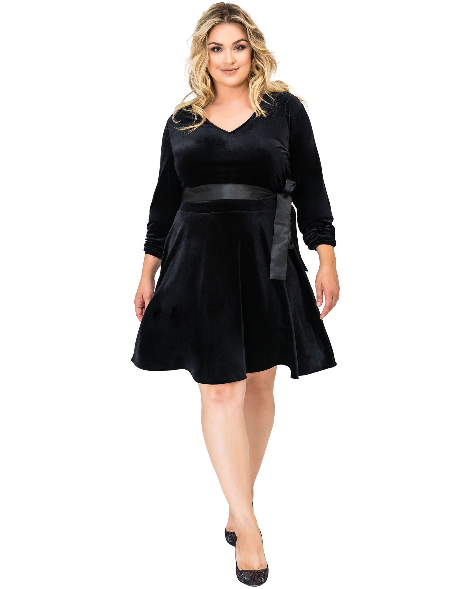 Plus Size Millie Stretch Velvet V-Neck Aline Dress With Satin Belt, , alternate image number 6