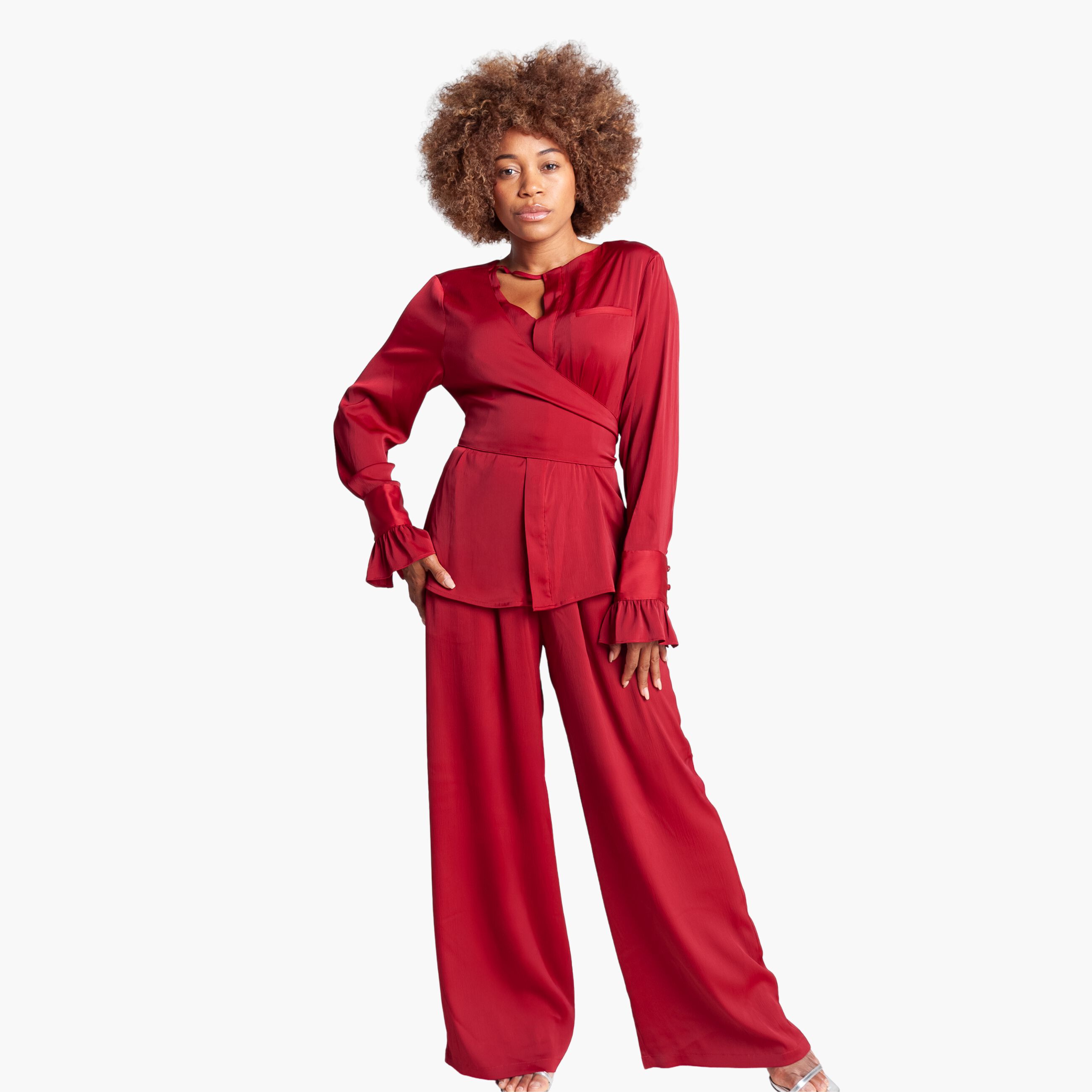 Long Sleeve Wrap Top, Rouge / Red, alternate image number 1