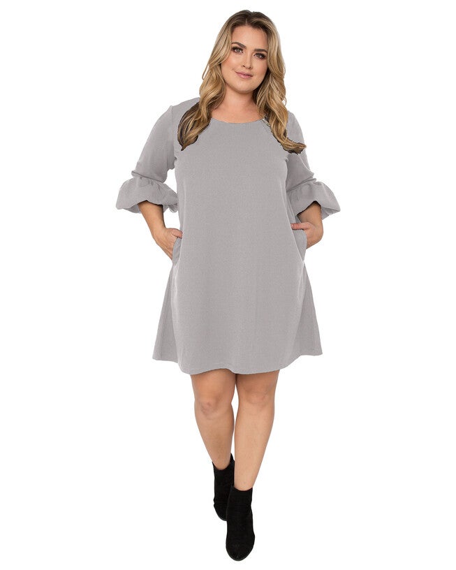 Plus Size Women's Crepe Knit 3/4 Balloon Sleeves Midi Shift Dress, Grey / Cool Gray, hi-res image number 0