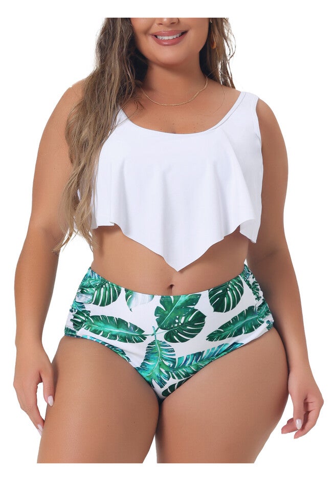 Bikini Swimsuit V Neck Floral Ruffles Tank Top Tankini 2 Piece, White / White, alternate image number 2