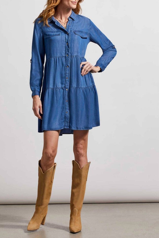 CHAMBRAY ROLL-SLEEVE SHIRT DRESS IN BLUE, Blue / Navy, hi-res image number null