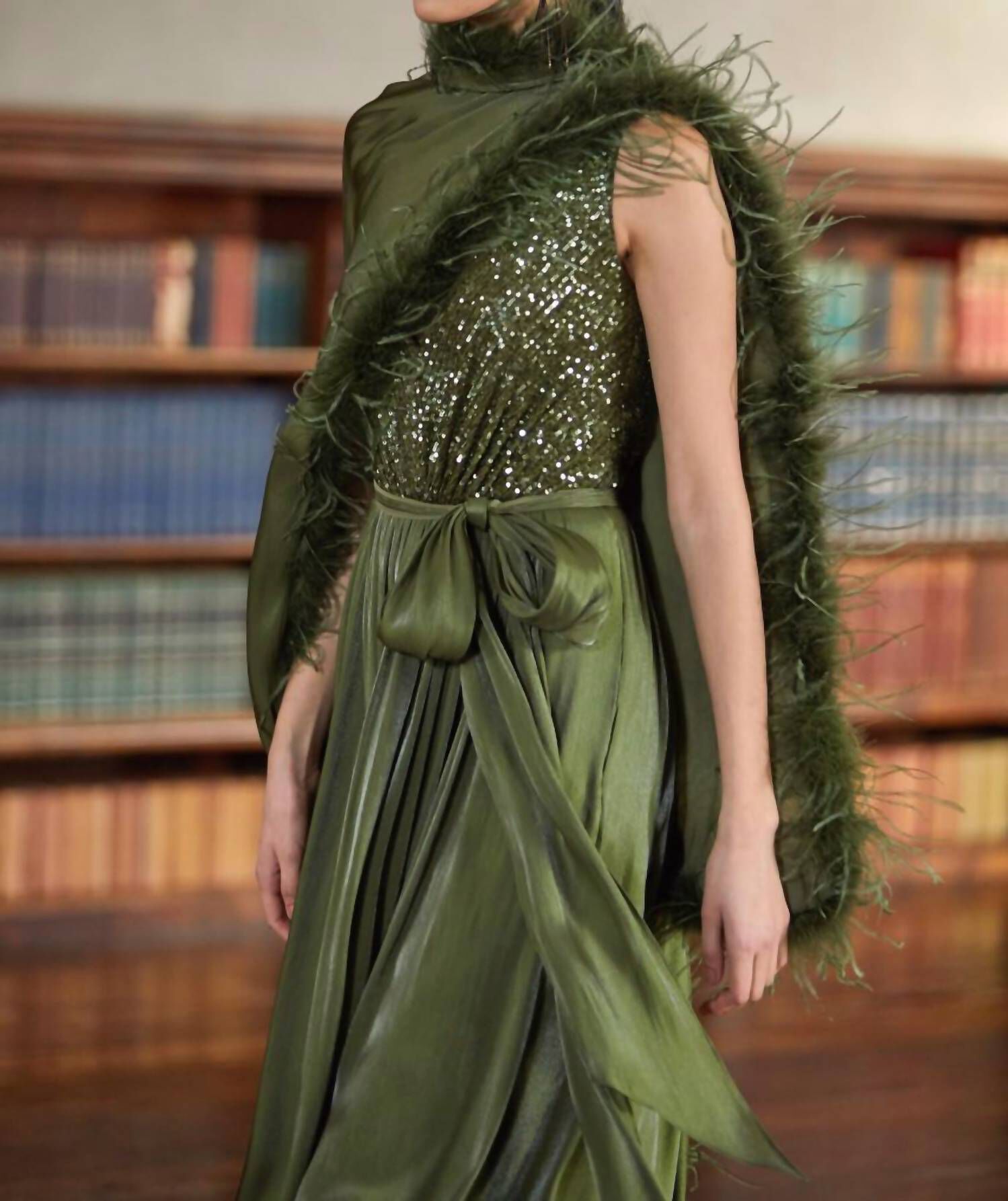 SEQUIN FEATHER WRAP GOWN, Moss / Hunter Green, alternate image number 3