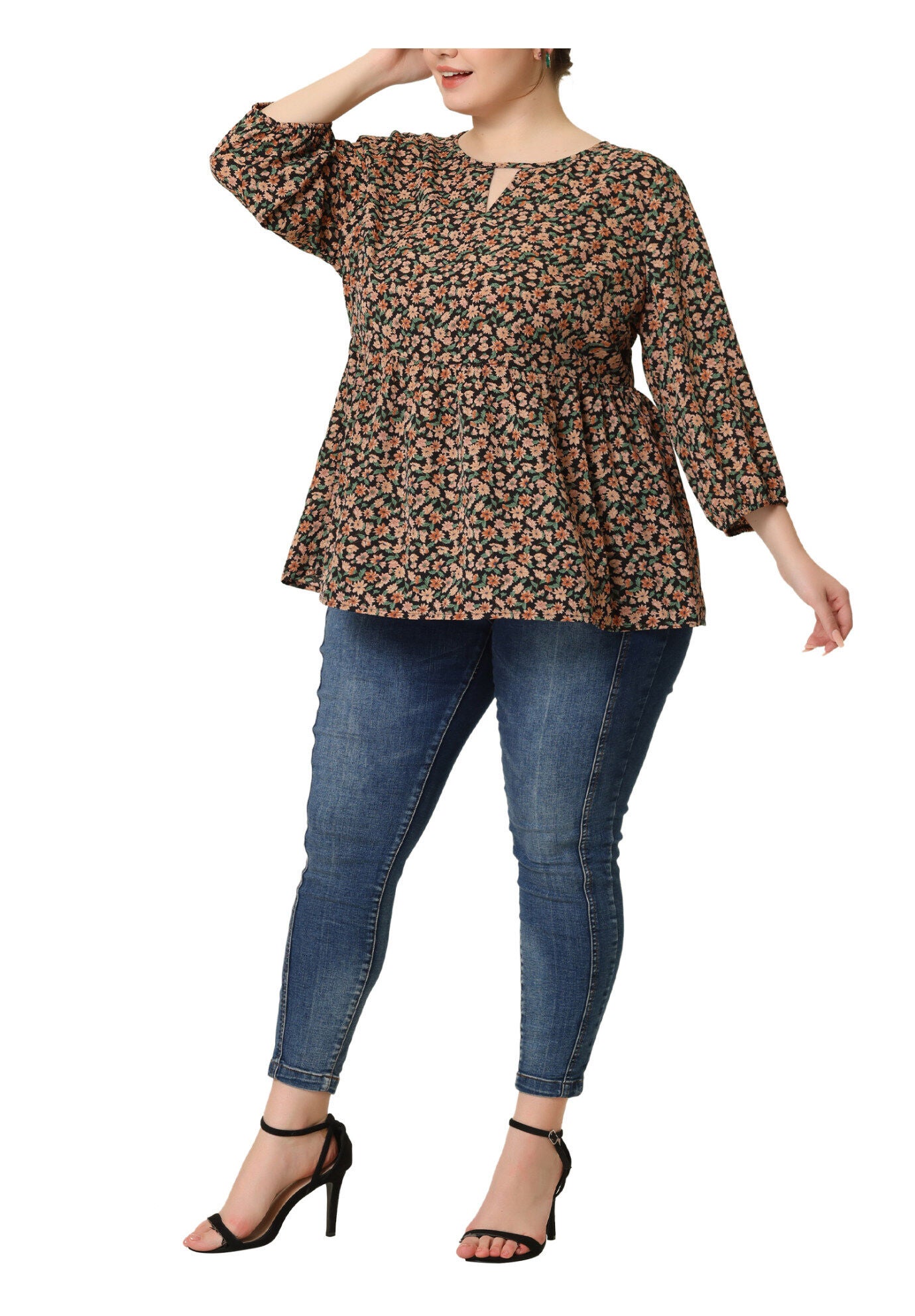 3/4 Sleeves Babydoll Chiffon Keyhole Floral Flowy Top Blouse, Black Beige / Beige, alternate image number 1