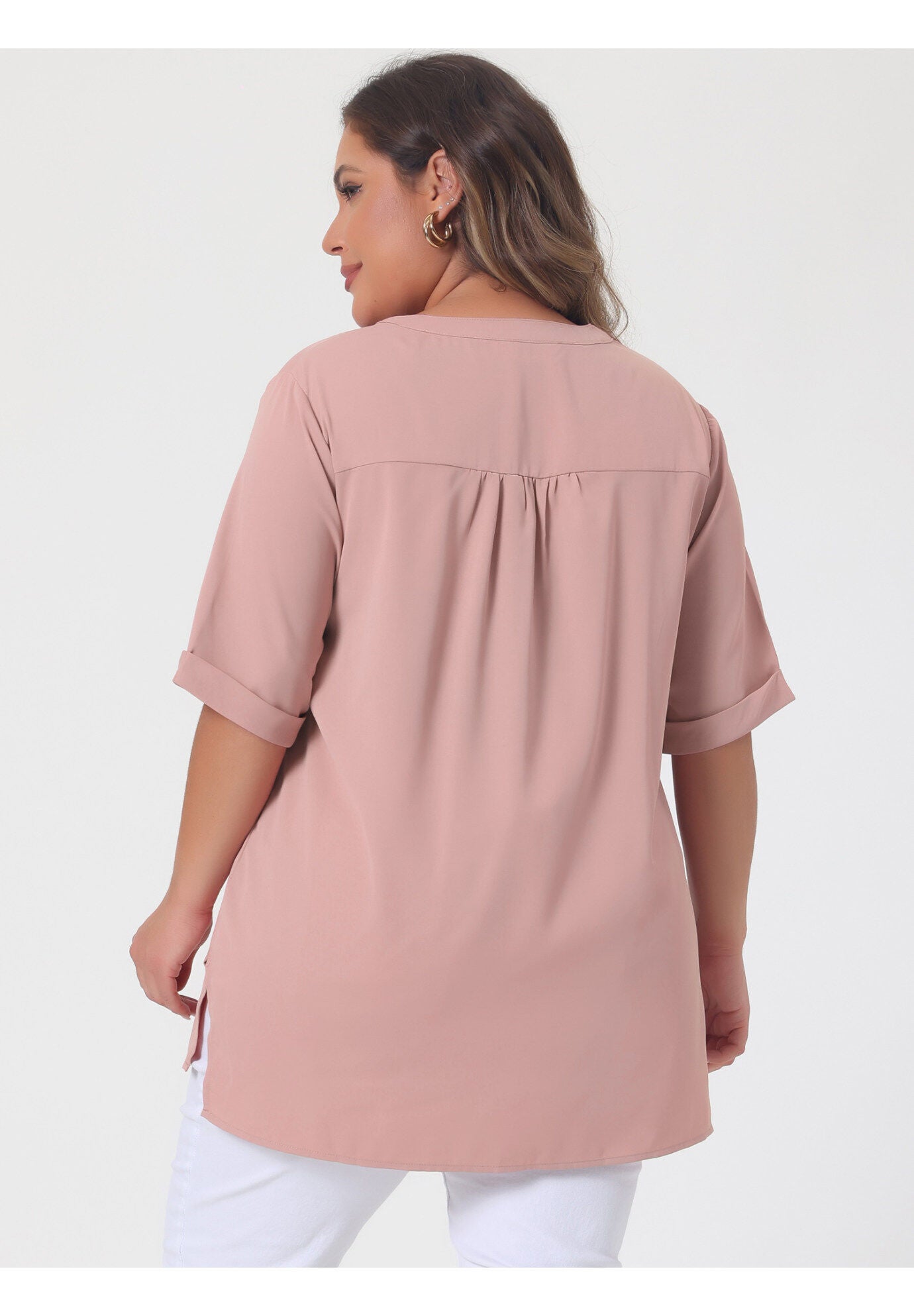 V Neck Casual Solid 1/2 Sleeve Tunic Blouse, Pink / Pink, alternate image number 4