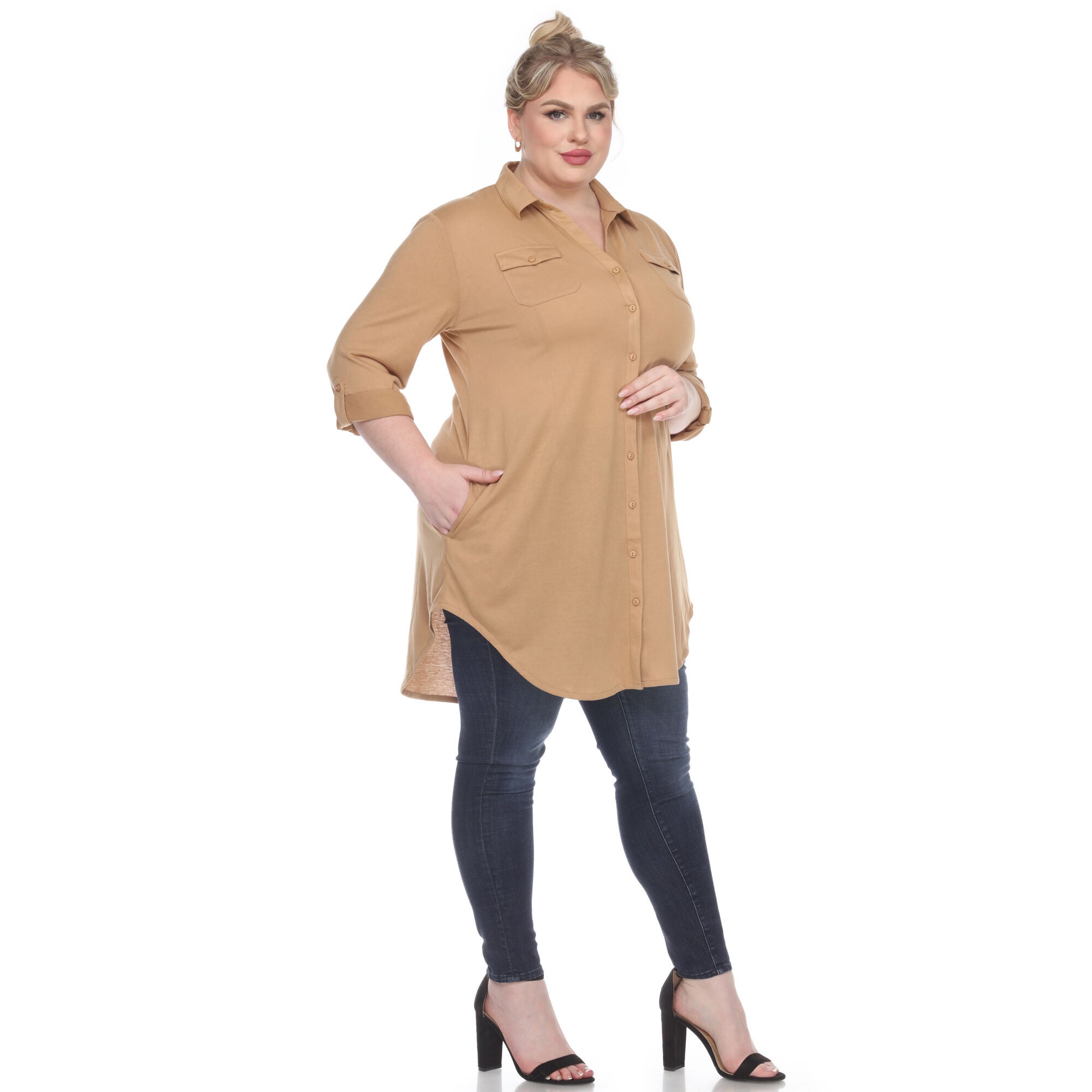 Stretchy Button Down Tunic Top, Camel / Brown, alternate image number 1