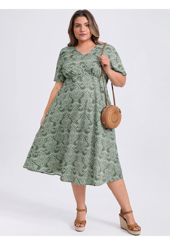 Boho Floral Print V Neck Short Sleeve Dress with Pockets, Gray Green / Light Grey, alternate image number 1