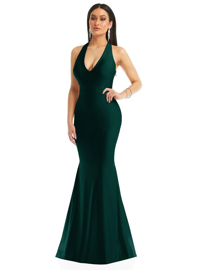 Plunge Neckline Cutout Low Back Stretch Satin Mermaid Dress, Evergreen / Hunter Green, hi-res image number 0