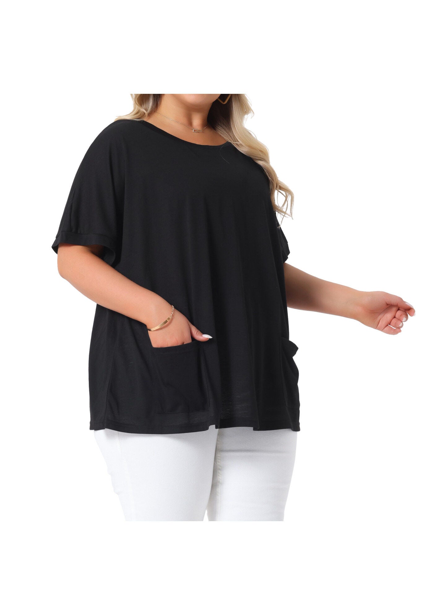 Short Sleeve Top Loose Fit Summer T-Shirt with Pocket, Black / Black, alternate image number 1