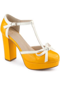Platform Bow T Strap Chunky Heels Pumps