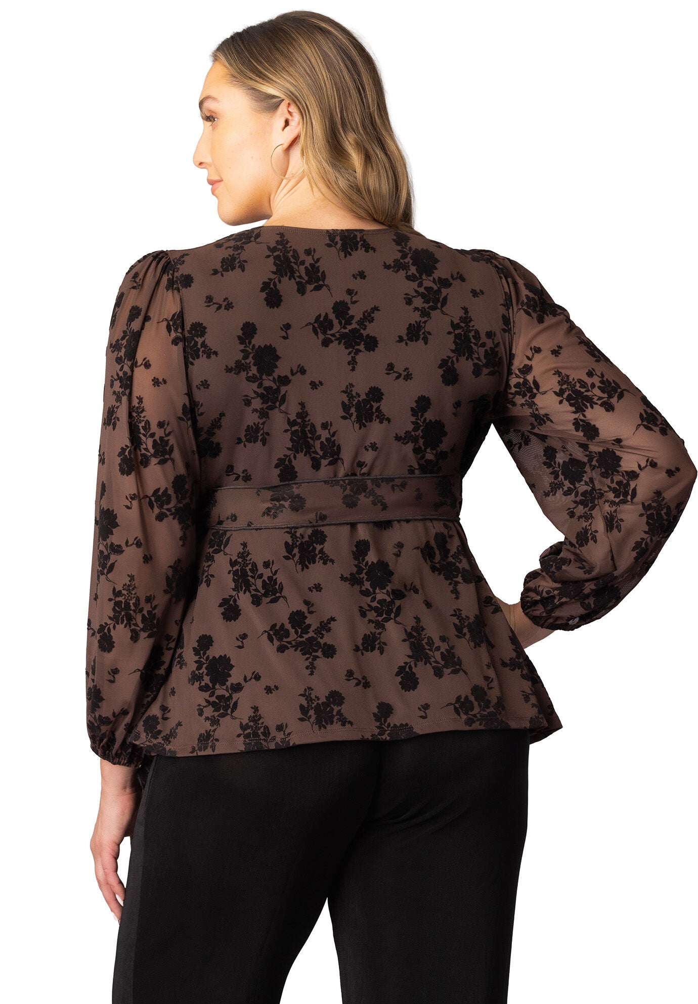Alissa Long Sleeve Wrap Top, Sable Flocked Florals / Brown, alternate image number 1
