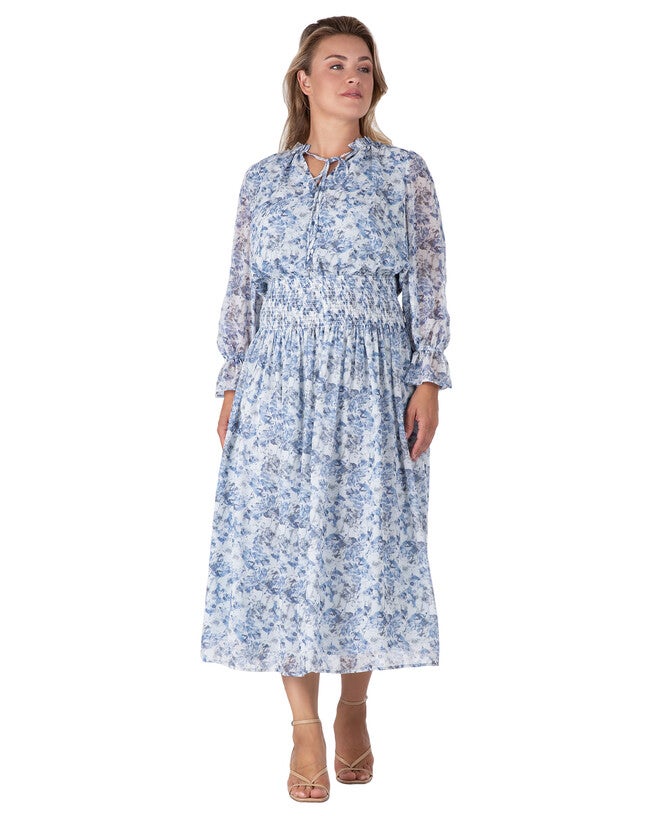 Revia Women's Plus Size Floral Print Long Ruffle Sleeve Maxi Dress, Blue White Print / Dusty Blue, hi-res image number 0