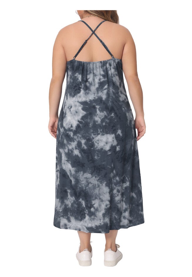 Round Neck Tie Dye Spaghetti Strap Cami Midi Dress, Grey / Charcoal Grey, alternate image number null