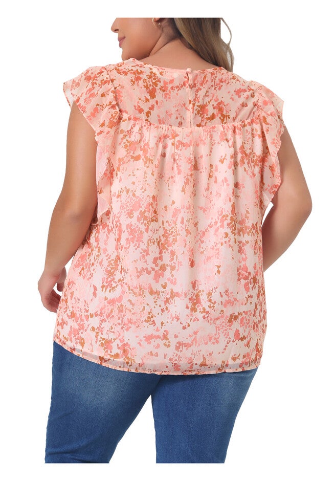 Ruffle Sleeve Keyhole Back Chiffon Blouse Top, Light Orange / Coral, alternate image number 3