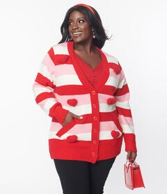 Unique Vintage Pink & Red Striped Crochet Hearts Cardigan