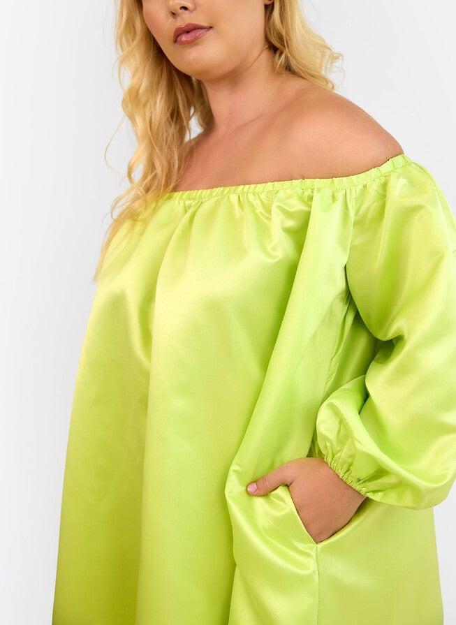 GIULIA OFF SHOULDER MINI SHIFT DRESS - LIME GREEN, Green / Light Green, alternate image number null