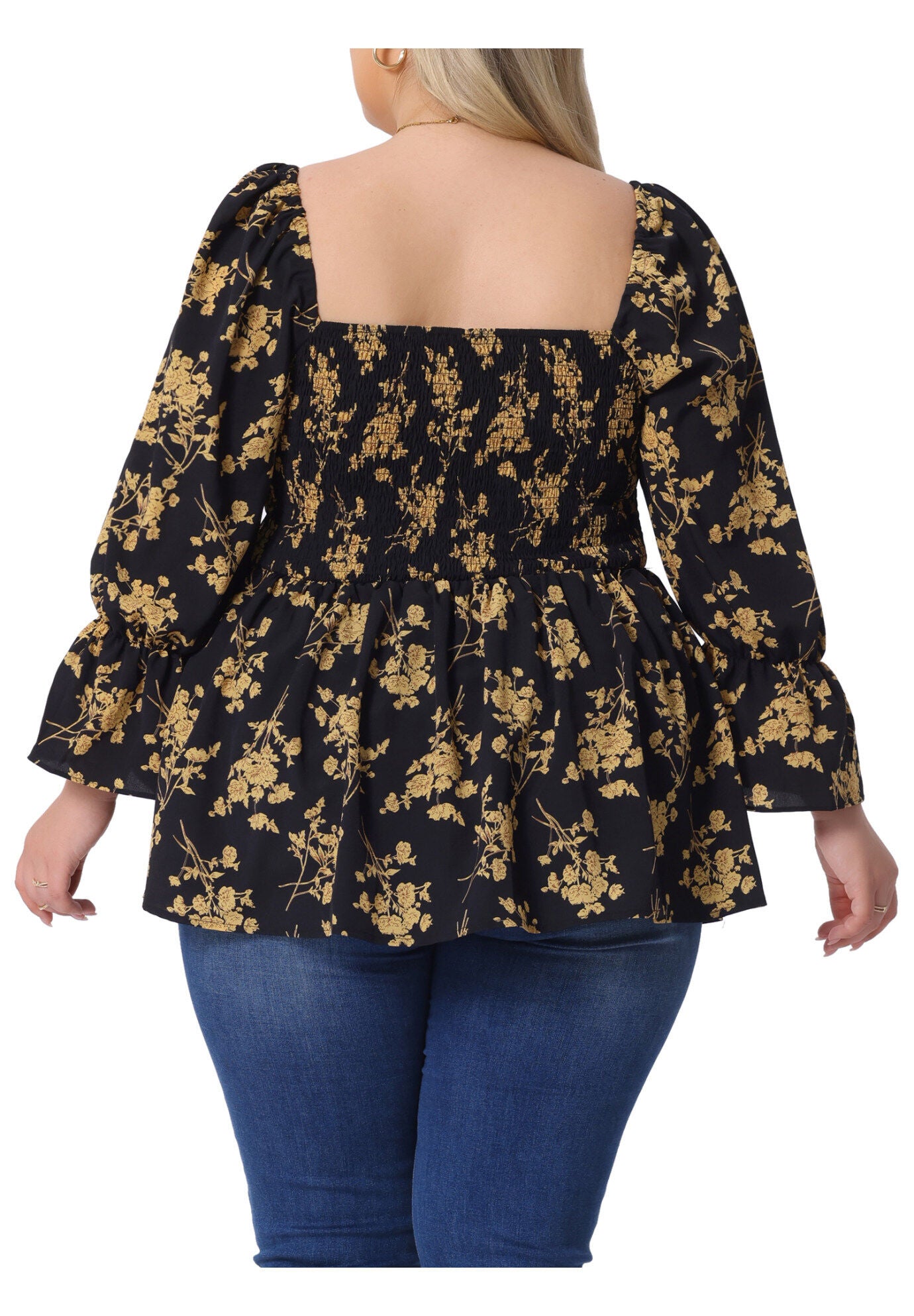 Floral Square Neck Smocked Peplum Blouses Shirts, Black / Black, alternate image number 3