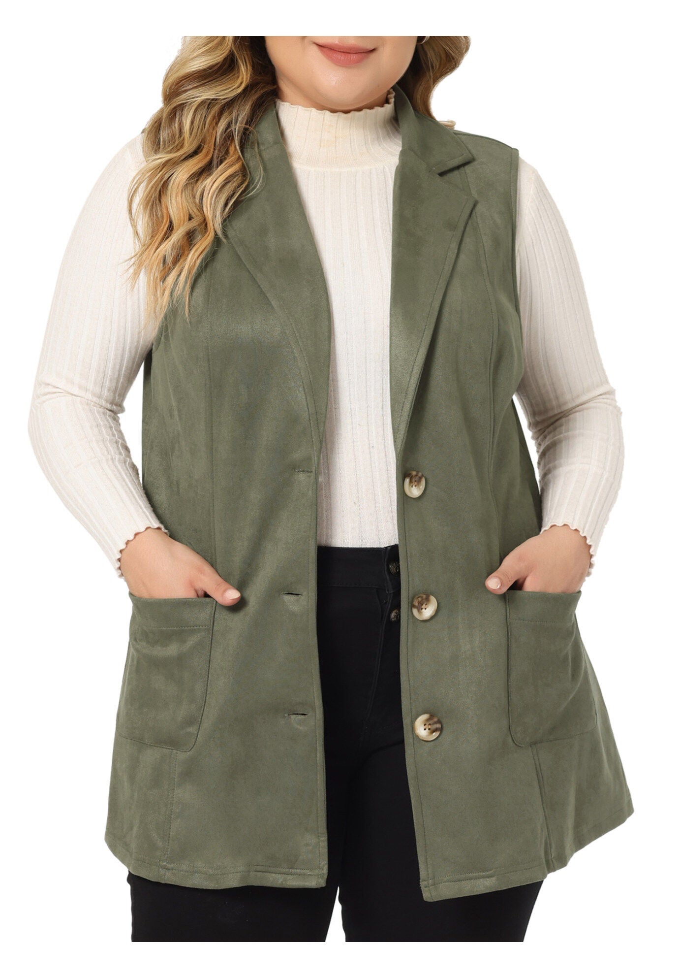 Lapel Suede Utility Vest, Green / Olive Green, alternate image number 2