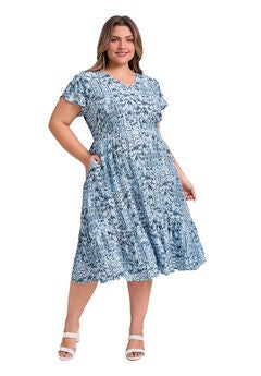 Floral Print V Neck Cap Sleeve A Line Flowy Midi Dress with Pockets