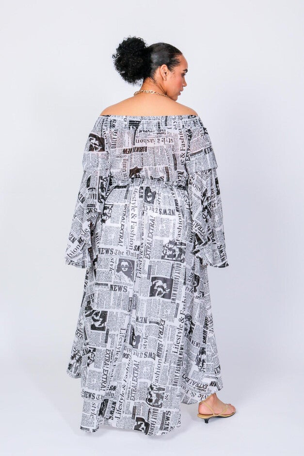 The Times Off The Shoulder Duster, Newspaper Print / White, alternate image number 2