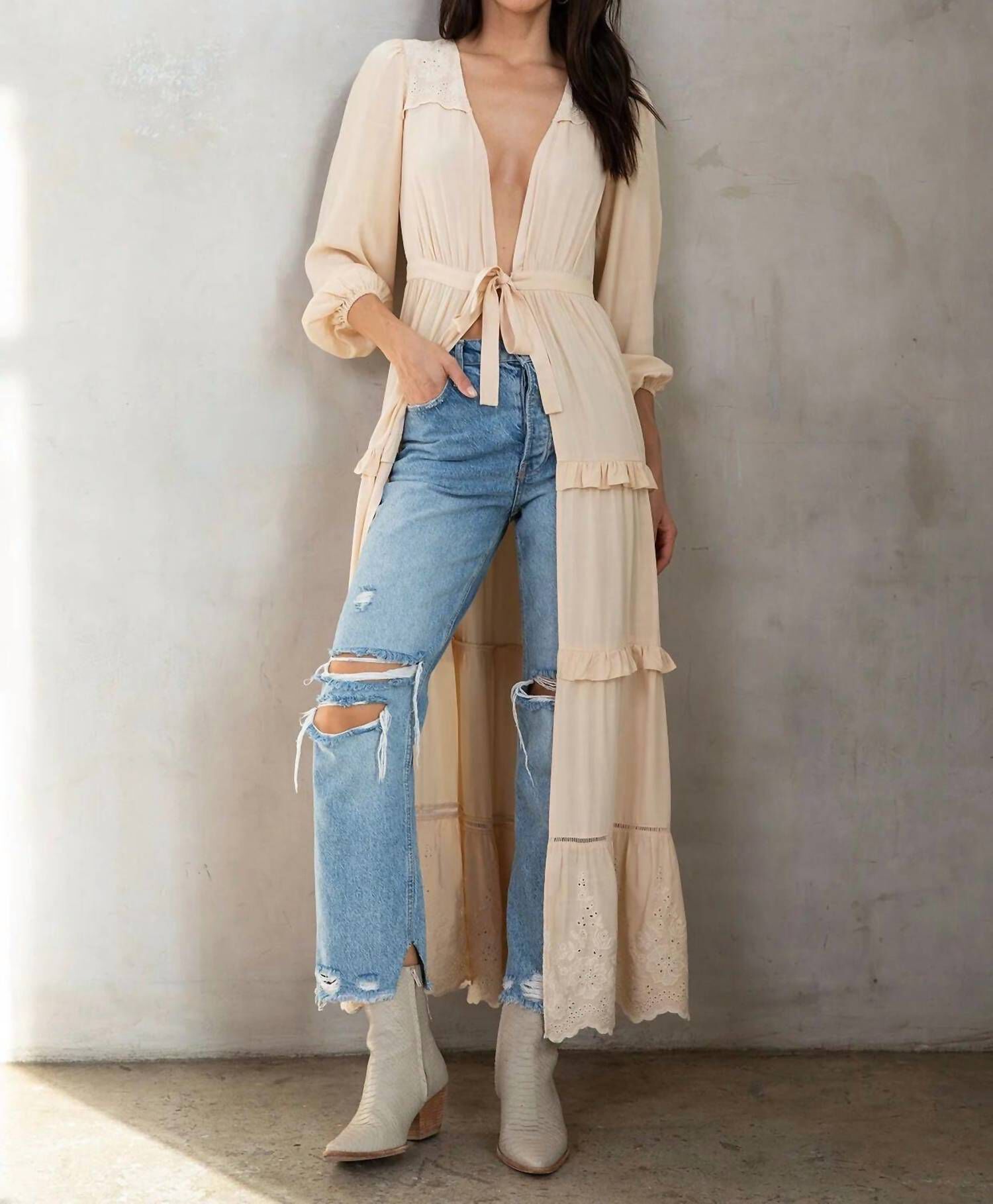 Sammy Retro Boho Embroidered Ruffled Maxi Kimono Robe in Cream | Dia & Co