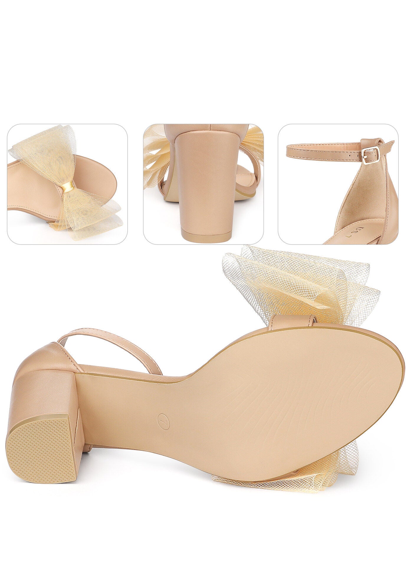 Bow Tie Ankle Strap Chunky High Heels Sandals, Nude / Beige, alternate image number 2