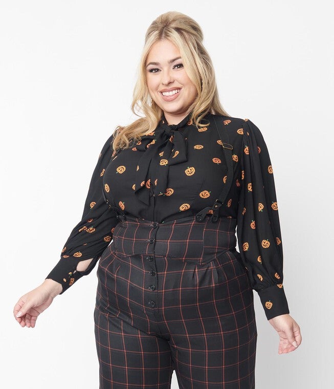 Unique Vintage 1950s Black & Pumpkin Print Gwen Blouse, Black Pumpkin Print / Black, alternate image number 1