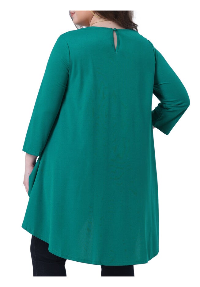 3/4 Sleeve Crew Neck Asymmetrical Hem Tunic Shirt, Green / Teal, alternate image number 3