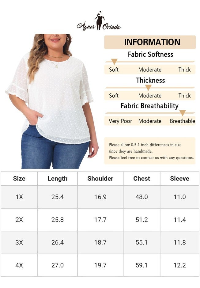 ROUND NECK RUFFLE SLEEVE SWISS DOTS TEE T-SHIRT TOP, White / White, alternate image number 4