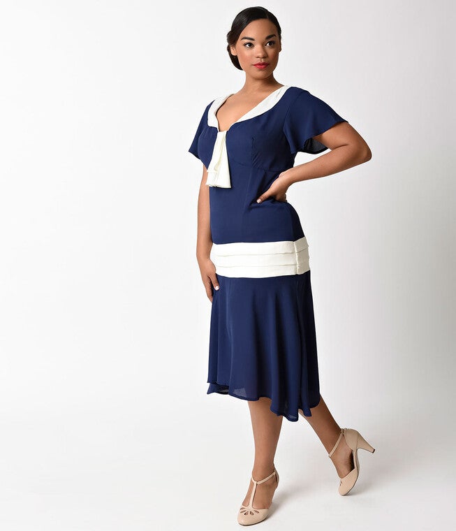 Unique Vintage 1920s Navy Blue & Ivory Wilshire Flapper Day Dress, NavyWhite / Navy, alternate image number 3